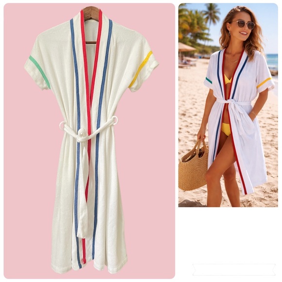 Vintage 70s Terry Cloth Pool Spa Retro Resort Wrap Robe White Rainbow Loungewear - Picture 2 of 13